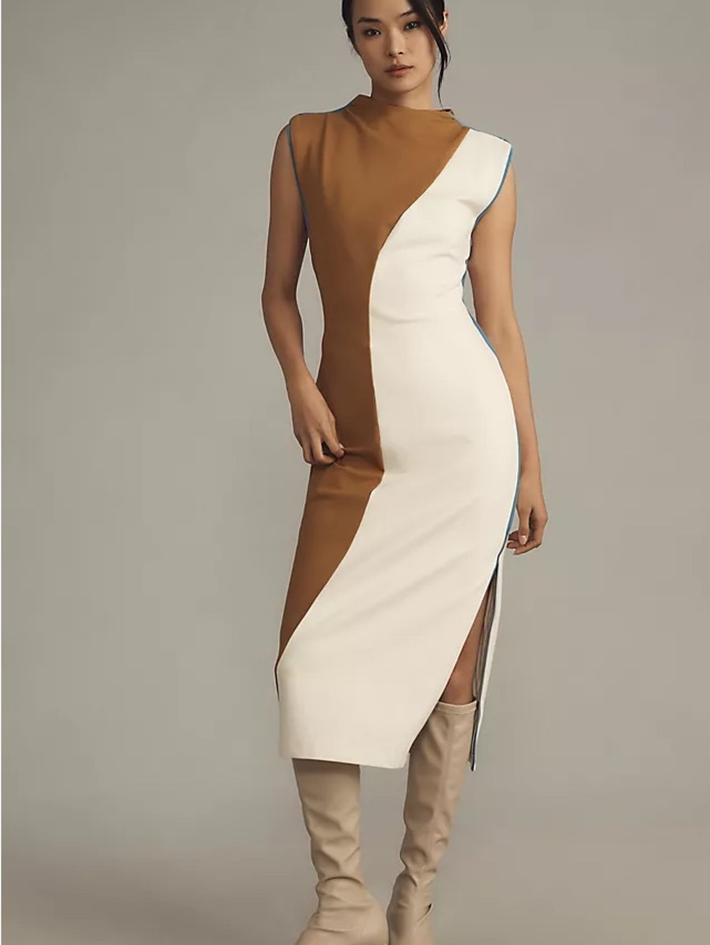 Mauve by Anthony Two-Tone form fitting Sleeveless Midi Dress in Camel and White
